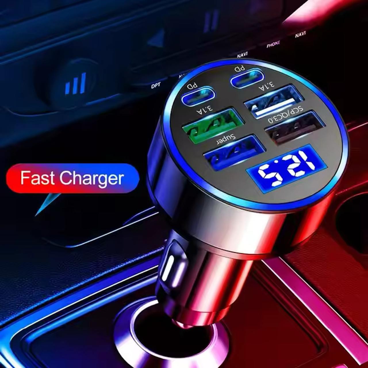 6 in 1 Car Charger – 2 Type-C + 4 USB Multi-Port Fast Charging Adapter