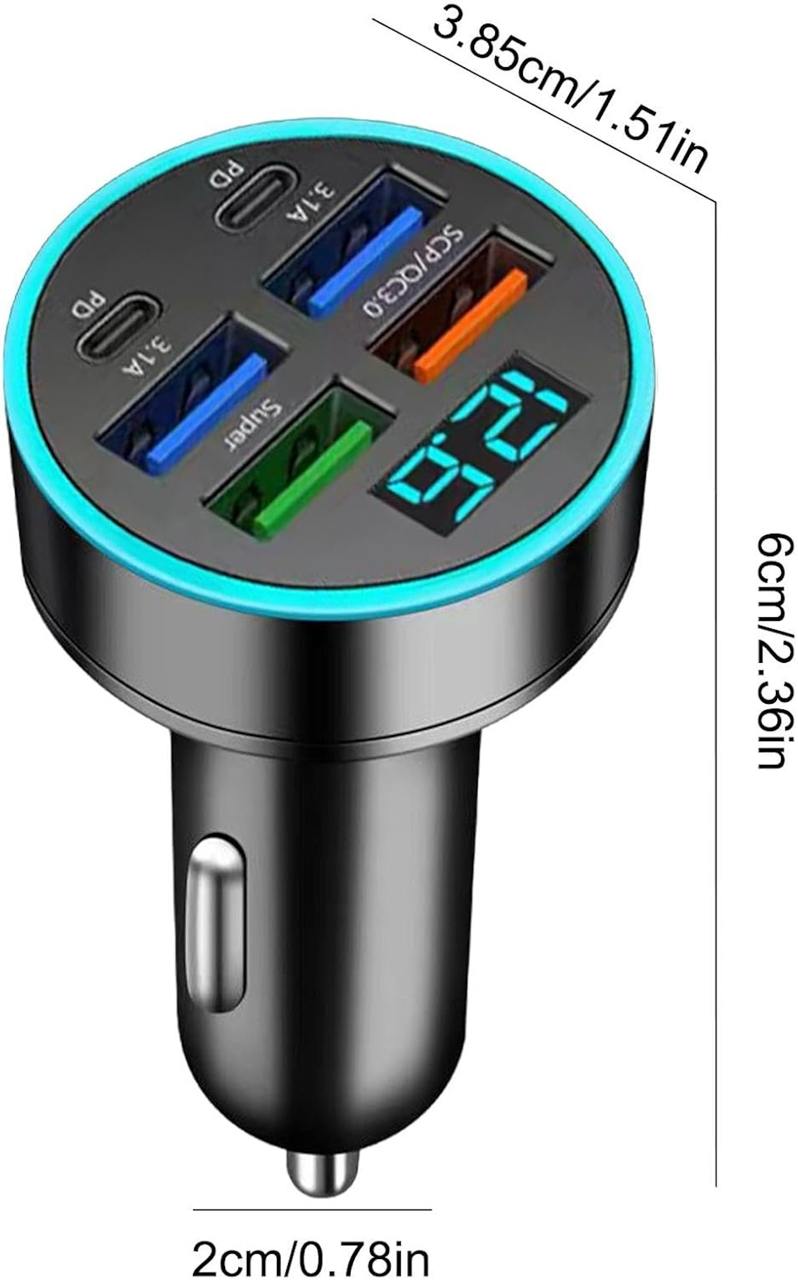 6 in 1 Car Charger – 2 Type-C + 4 USB Multi-Port Fast Charging Adapter