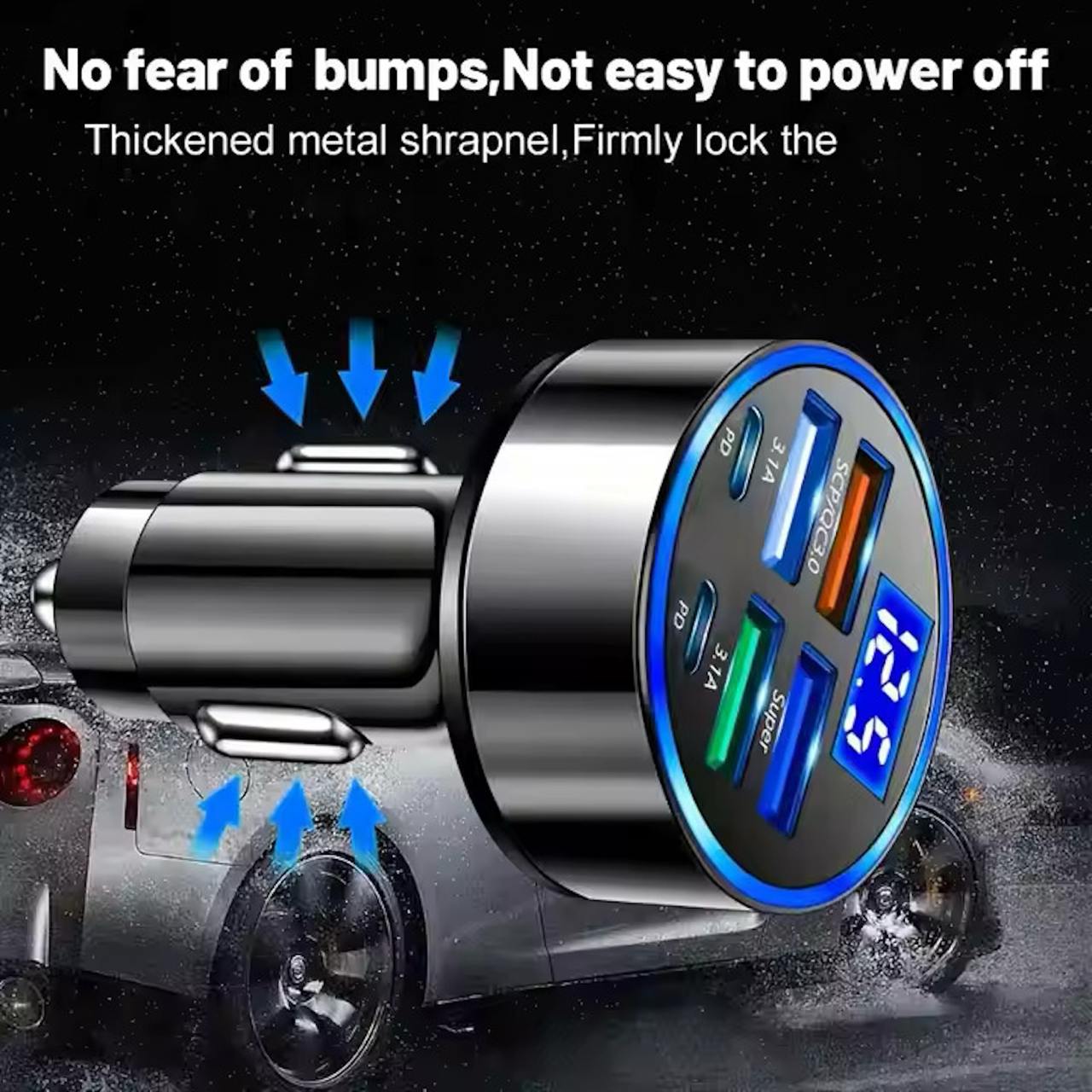 6 in 1 Car Charger – 2 Type-C + 4 USB Multi-Port Fast Charging Adapter
