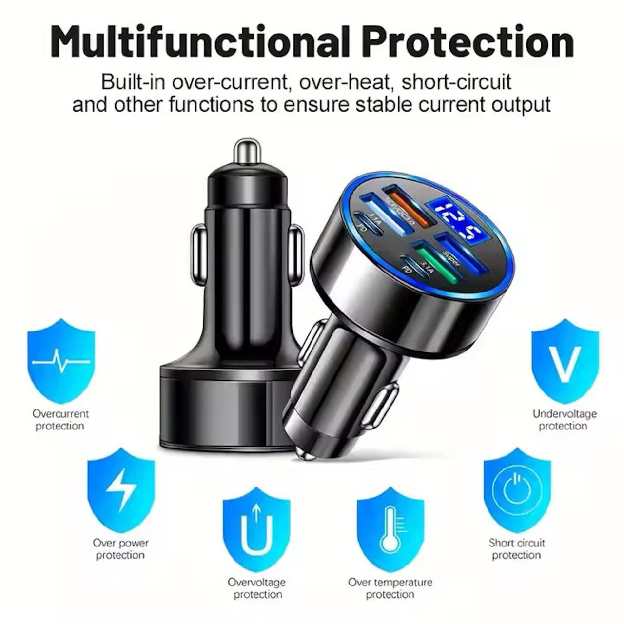 6 in 1 Car Charger – 2 Type-C + 4 USB Multi-Port Fast Charging Adapter