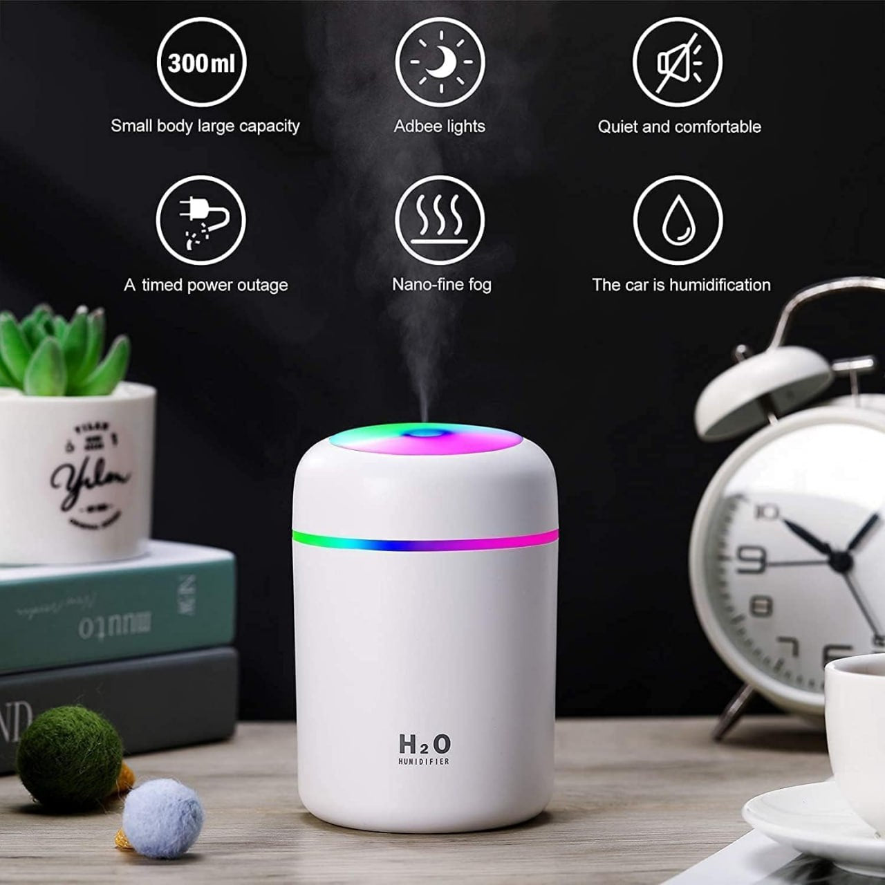 H2O Humidifier Aroma Diffuser β Compact Mist Maker with LED Mood Light
