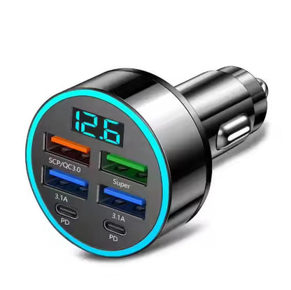 6 in 1 Car Charger – 2 Type-C + 4 USB Multi-Port Fast Charging Adapter