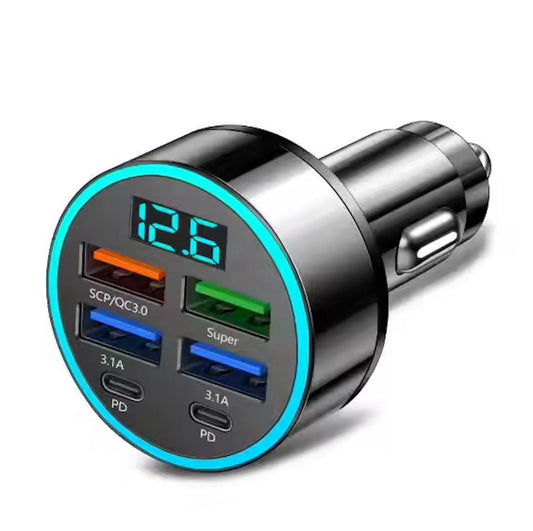 6 in 1 Car Charger – 2 Type-C + 4 USB Multi-Port Fast Charging Adapter